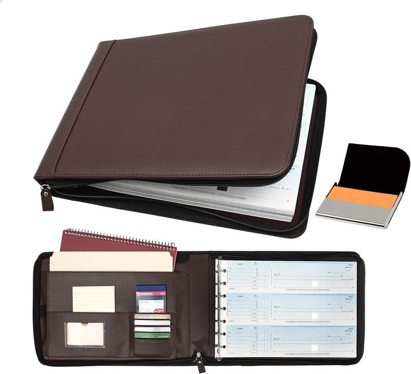 2Fold Zippered Business Checkbook Binder - 7 Ring Binder for Business Checks with Built-in Organizer and Card Case - PU Leather Portfolio for up to 600 3-Up Checks (Dark Brown) - Image 1